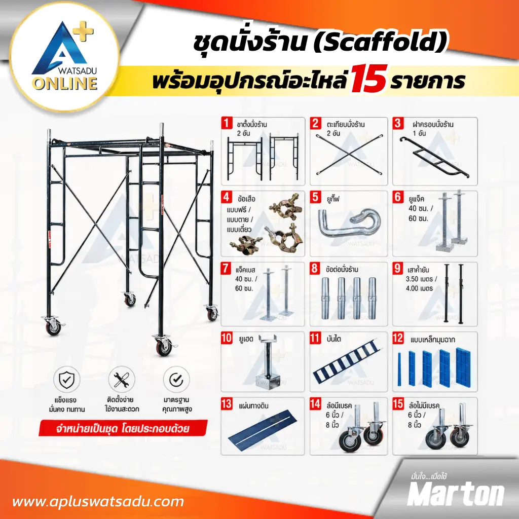 ชุดนั่งร้าน MARTON แบบครบชุด พร้อมอุปกรณ์อะไหล่นั่งร้าน 15 รายการ