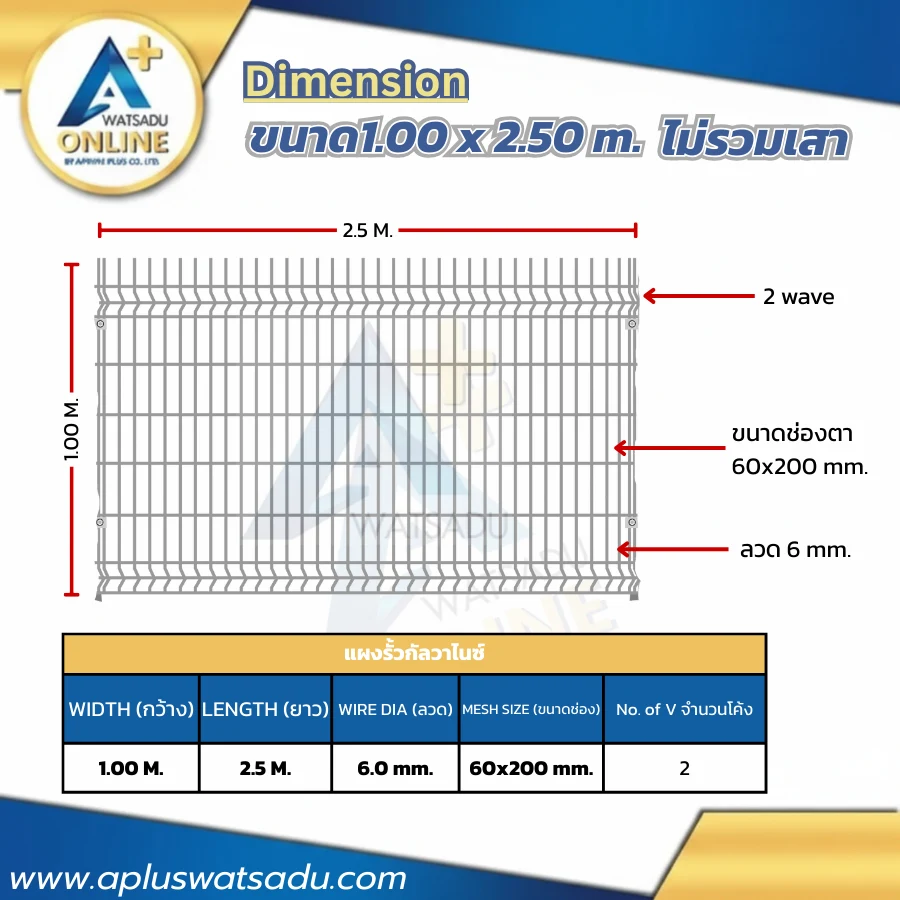 Dimension-Wave-รั้วสำเร็จกัลวาไนซ์-ลวด6.0-mm.-ขนาด1.00-x-2.50-m