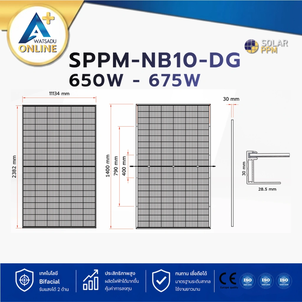 SPPM 660W ขนาดแผงโซลาร์เซลล์ Solar PPM รุ่น SPPM-NB10-DG 650W-675W พร้อมมิติและโครงสร้างแผง