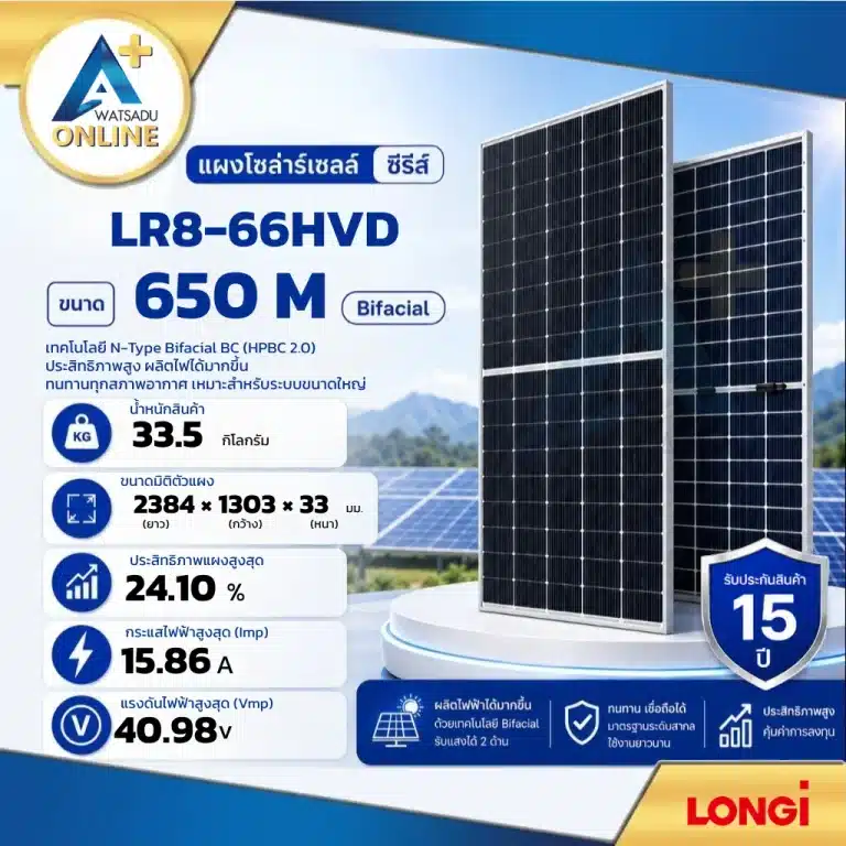 แผงโซล่าเซลล์ Longi Hi-MO 9 650W รุ่น LR8-66HVD Bifacial N-Type BC