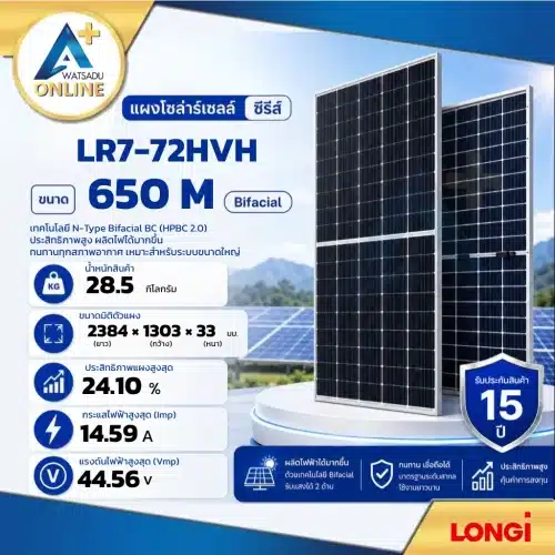 แผงโซล่าเซลล์ Longi Hi-MO X10 650W รุ่น LR7-72HVH-650M Bifacial N-Type BC