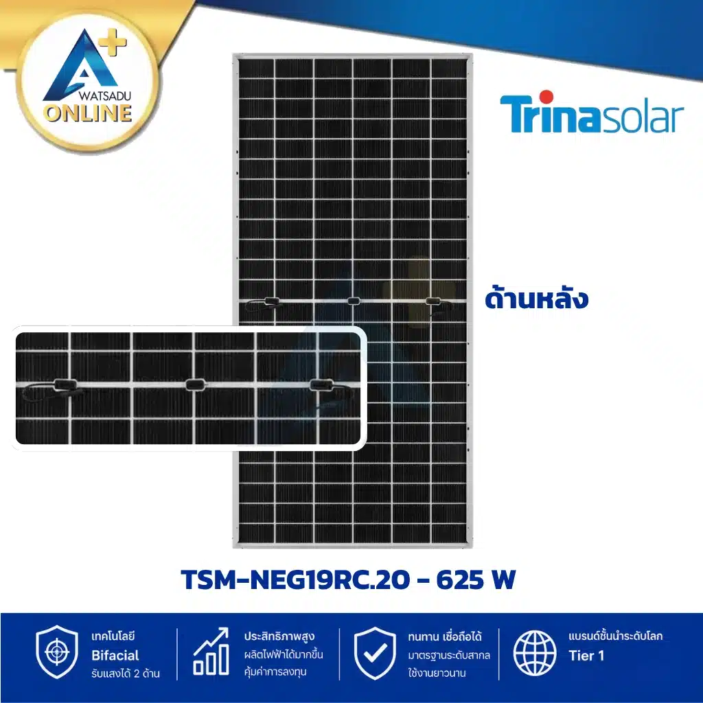 ด้านหลังและจุดเชื่อมต่อแผงโซล่าเซลล์ Trina Solar 625W Bifacial