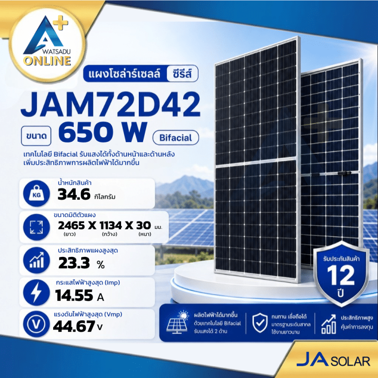 แผงโซล่าเซลล์ JA Solar 650W รุ่น JAM72D42 Bifacial